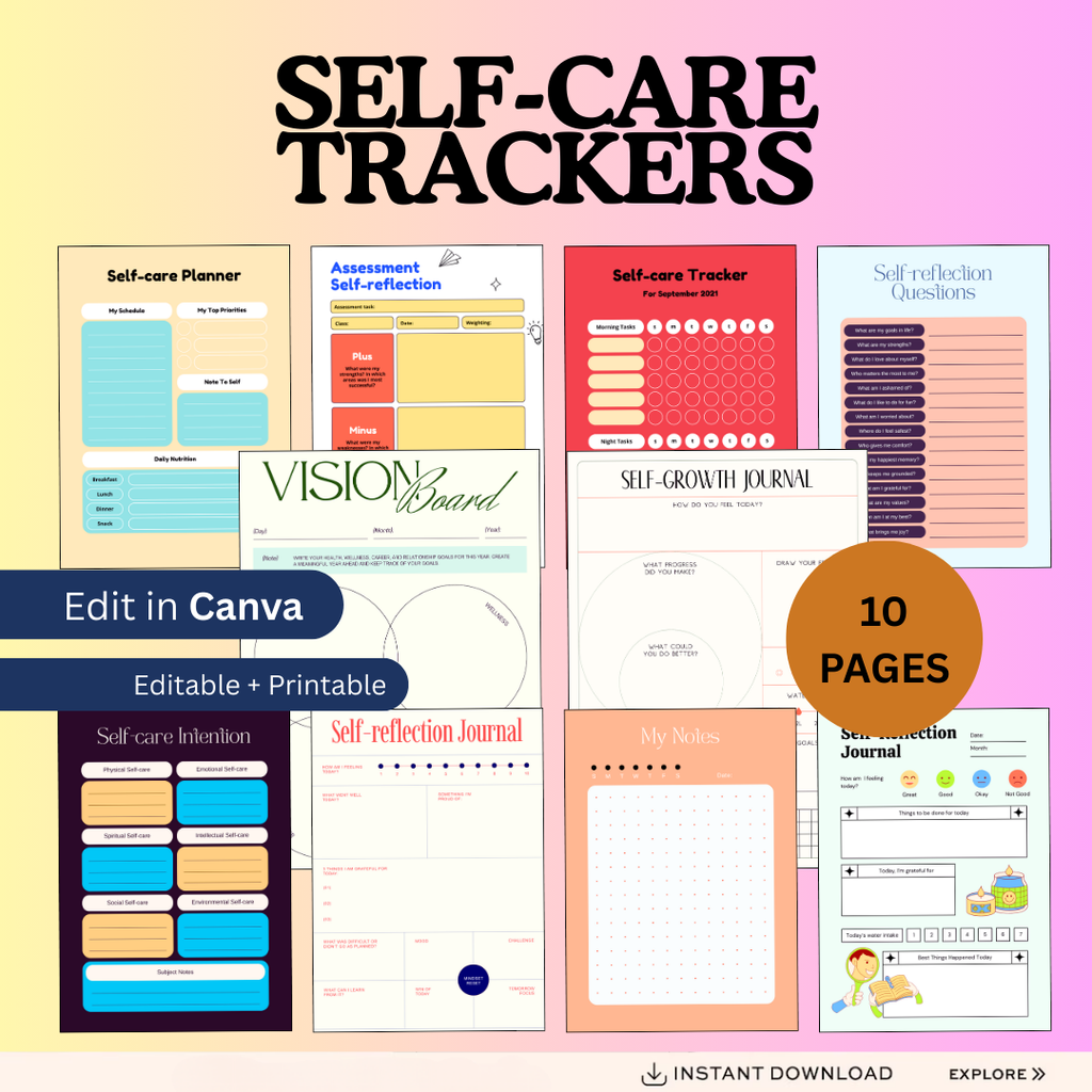 Self Care Planner Printable, Wellness Tracker, Mental Health Journal, Mood Tracker, Vision Board Kit, PDF, PNG.