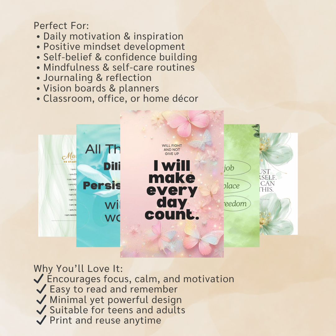 Positive Affirmations Wall Art, Daily Mantras Print, Goal Setting Vision Board, Motivational Quotes, PDF, PNG.