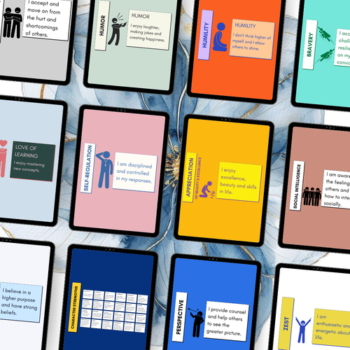 Character Strengths Posters, Social Emotional Learning, Positive Psychology Prints, School Counselor Decor, PDF, PNG.