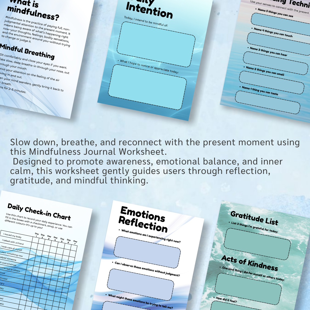 Mindfulness Journal Printable, Grounding Technique, Daily Check In, Mental Health Worksheet, Self Care Planner, PDF, PNG.