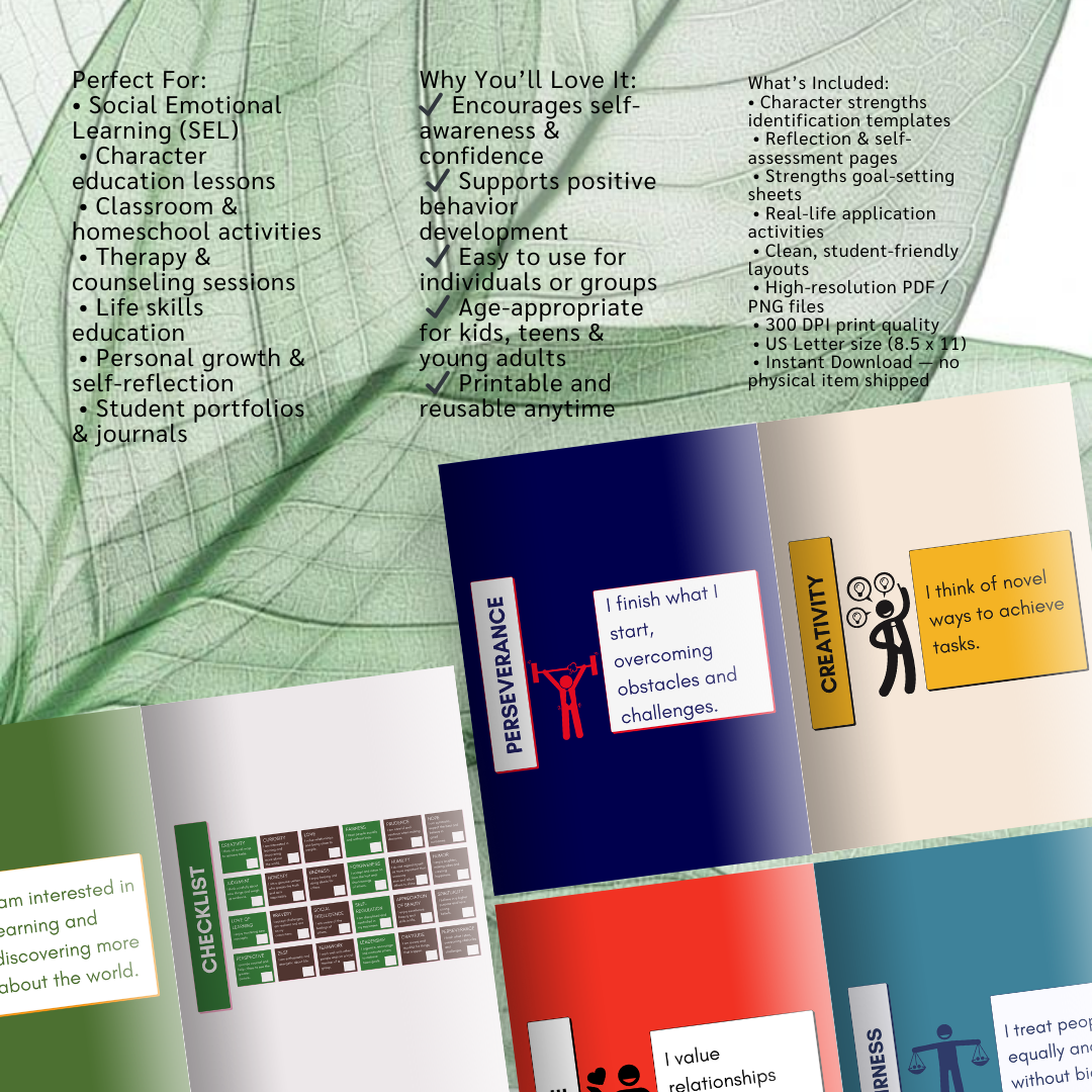 Character Strengths Posters, Social Emotional Learning, Positive Psychology Prints, School Counselor Decor, PDF, PNG.