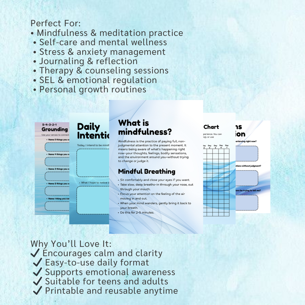 Mindfulness Journal Printable, Grounding Technique, Daily Check In, Mental Health Worksheet, Self Care Planner, PDF, PNG.