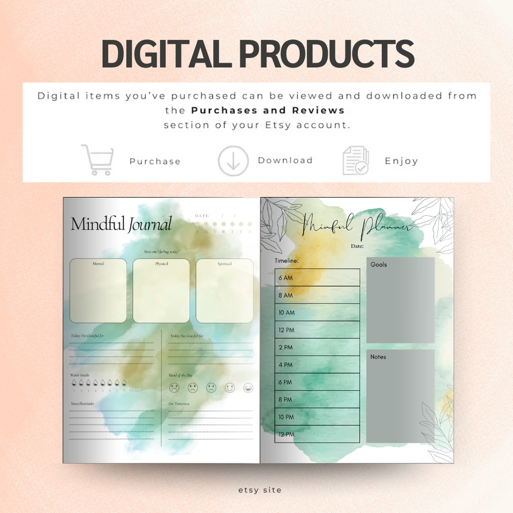 Mindfulness Journal Printable, Daily Planner, Self Care Tracker, Wellness Log, Mood Tracker, PDF, PNG.