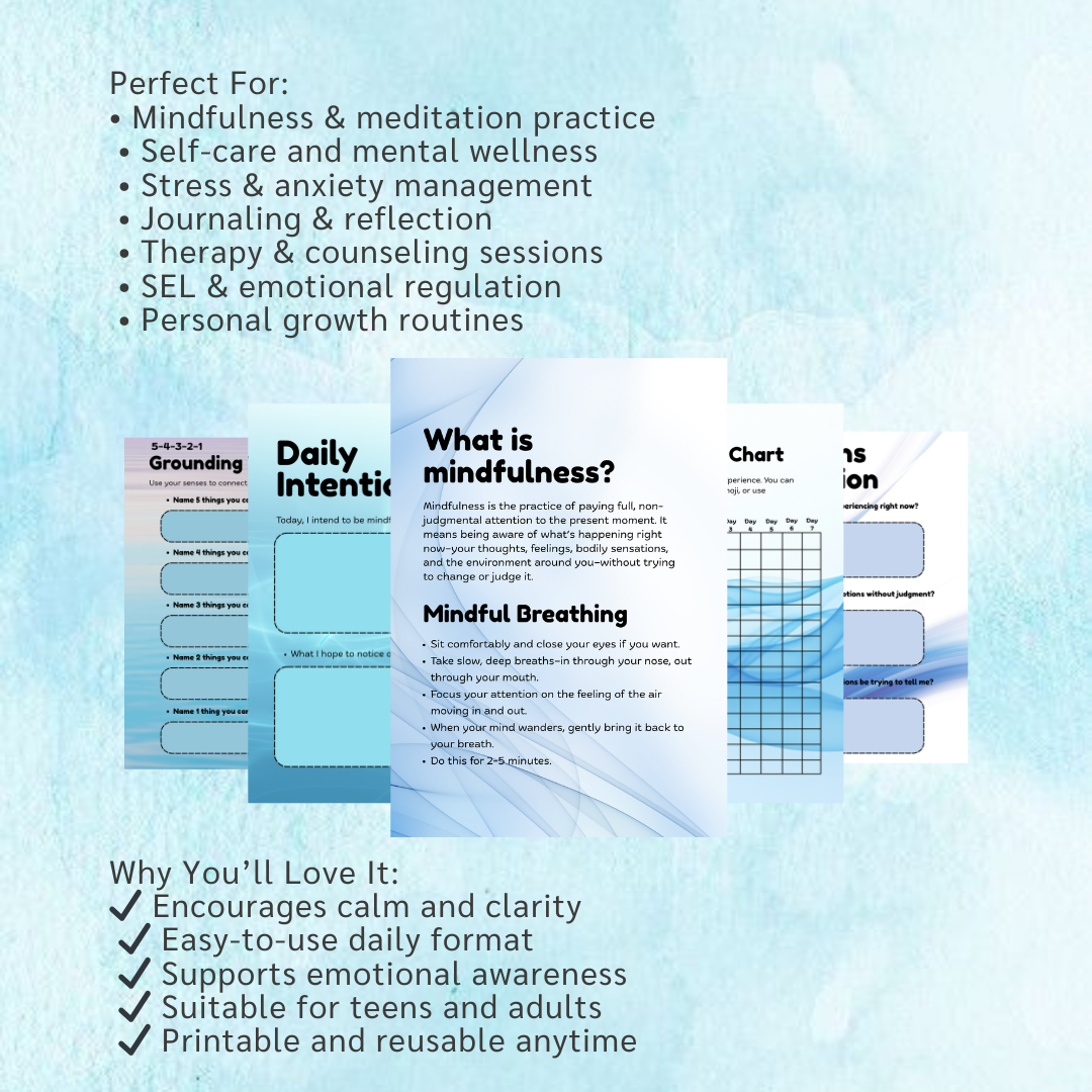 Mindfulness Journal Printable, Grounding Technique, Daily Check In, Mental Health Worksheet, Self Care Planner, PDF, PNG.