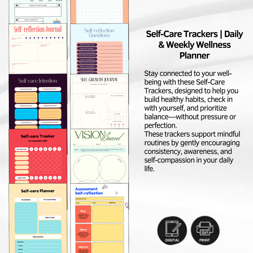 Self Care Planner Printable, Wellness Tracker, Mental Health Journal, Mood Tracker, Vision Board Kit, PDF, PNG.