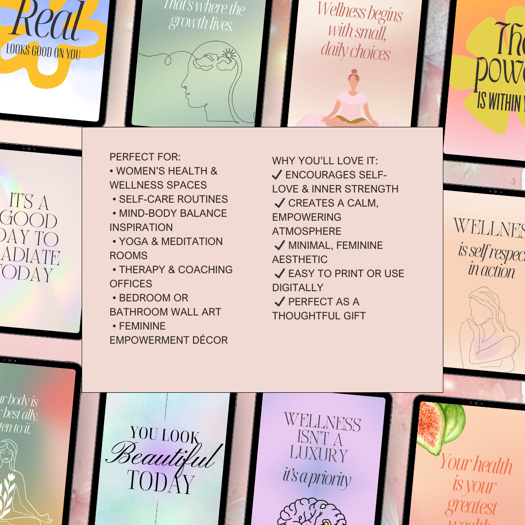 16 Wellness Wall Art Bundle, Feminine Health Quotes, Self Care Prints, Healthy Lifestyle Decor, Body Positivity, PNG, PDF.