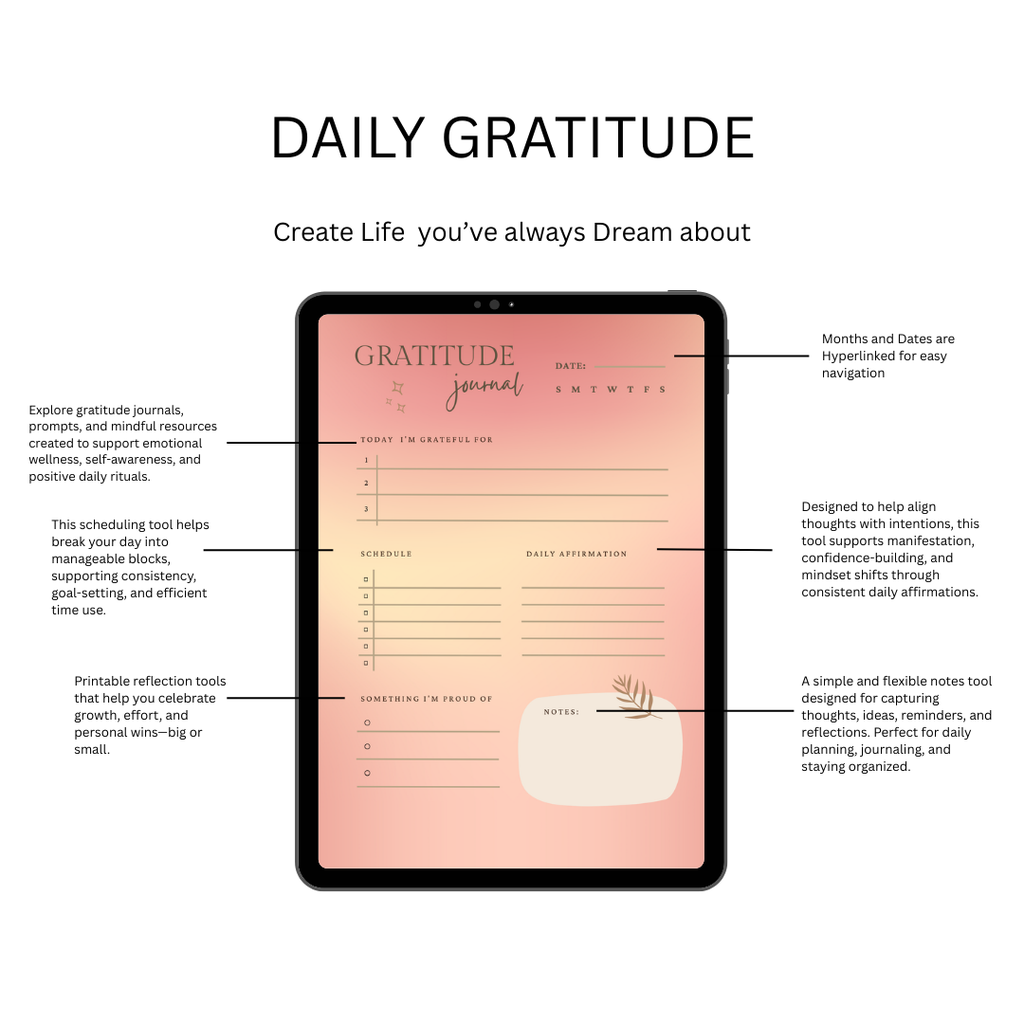Gratitude Journal Printable, Daily Gratitude Tracker, Mindfulness Log, Self Care Planner, Mental Health Worksheet, PDF, PNG.