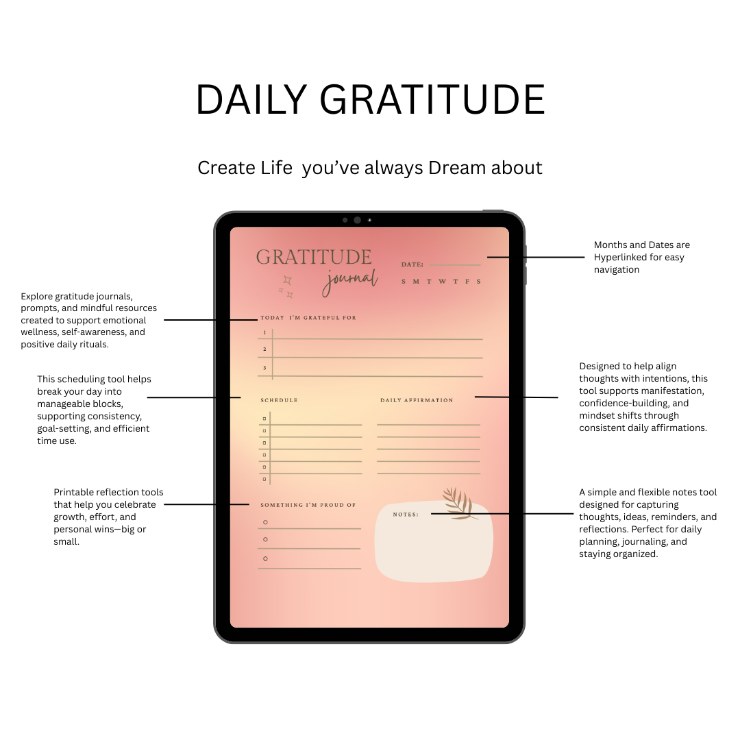 Gratitude Journal Printable, Daily Gratitude Tracker, Mindfulness Log, Self Care Planner, Mental Health Worksheet, PDF, PNG.