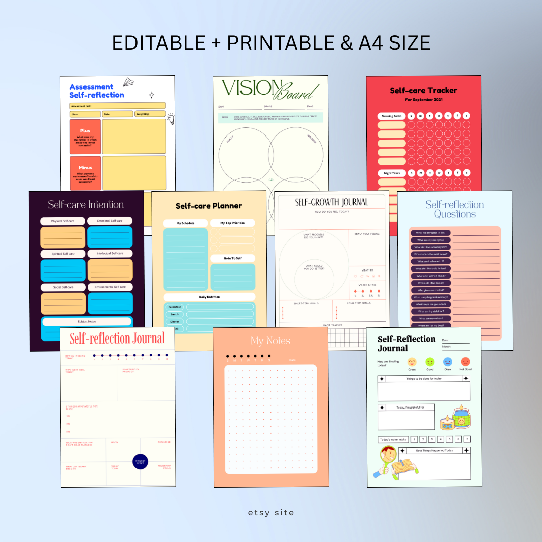 Self Care Planner Printable, Wellness Tracker, Mental Health Journal, Mood Tracker, Vision Board Kit, PDF, PNG.